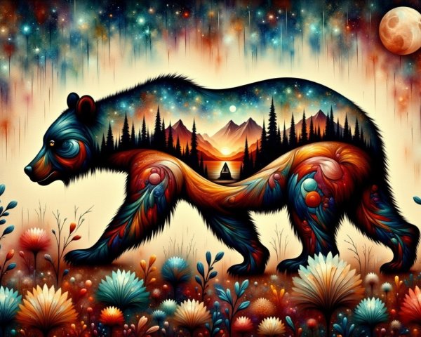 Vibrant Artistic Bear with Intricate Patterns and Landscape