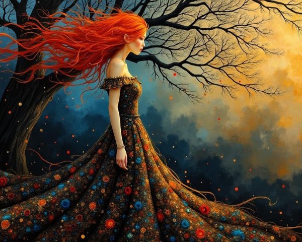 Woman in Floral Dress Against Sunset and Trees