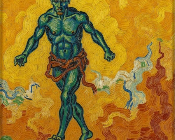 Muscular Figure with Blue-Green Skin on Yellow Background