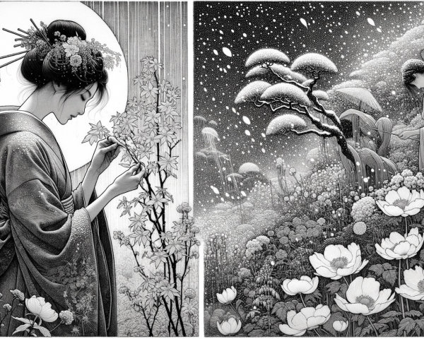 Detailed Black-and-White Illustrations of Women in Nature