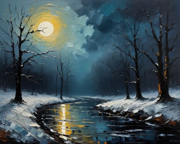 Moonlit Winter Landscape with Snow and River