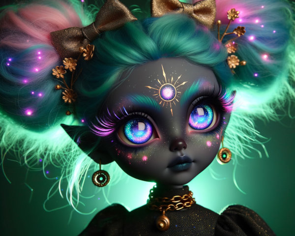 Whimsical doll with turquoise hair and cosmic patterns