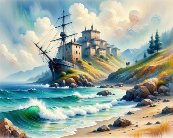 Coastal Scene with Ship, Shore, and Charming Buildings