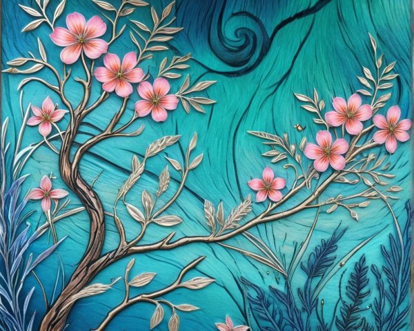 Intricate Flowering Branch with Pink Blossoms and Turquoise
