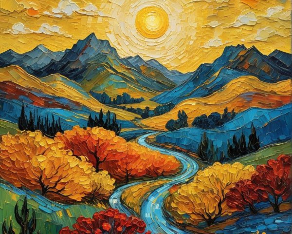 Vibrant Autumn Landscape with Rolling Hills and Mountains