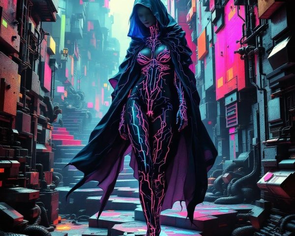 Futuristic figure in neon-lit cyberpunk alley