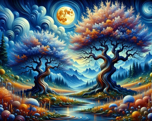 Vibrant Fantastical Landscape with Majestic Trees