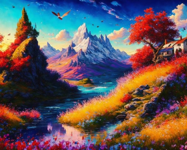 Vibrant Landscape with Mountains, River, and Cottage