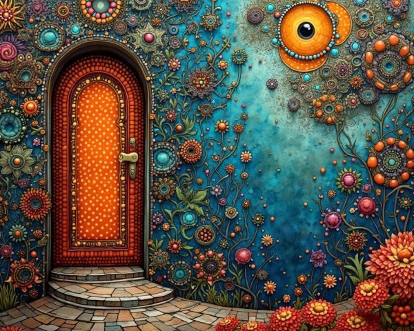 Vibrant Scene with Orange Polka Dot Door and Garden