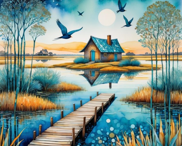 Cozy House by Tranquil Lake at Sunset with Stars