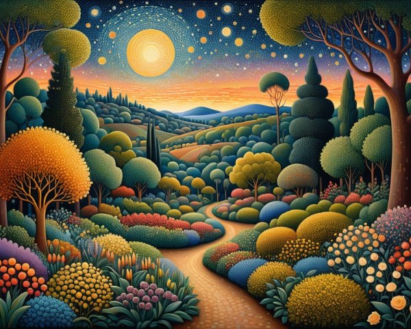 Vibrant Landscape with Winding Path and Starry Sky