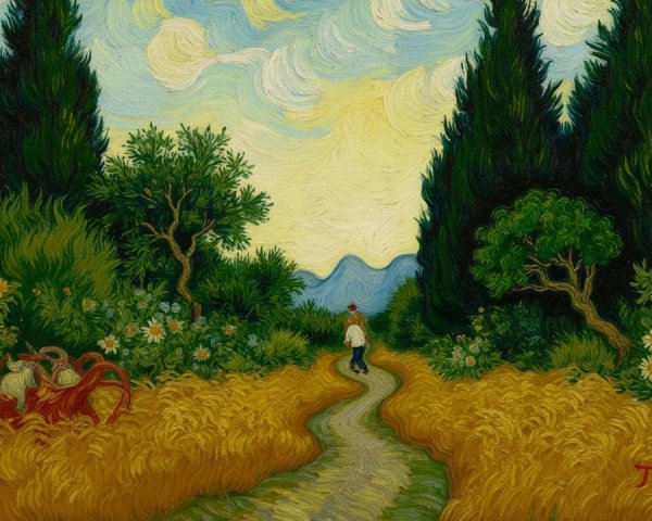 Winding Path Through Golden Fields and Greenery
