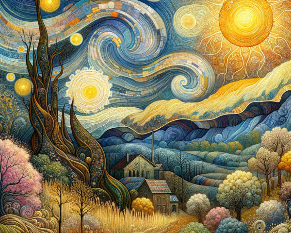 Vibrant Landscape with Swirling Skies and Rolling Hills