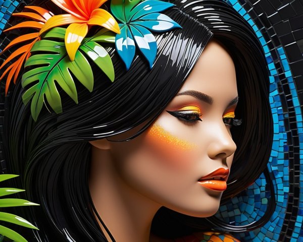 Close-Up Portrait of Woman with Tropical Elements