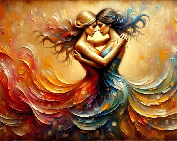Intertwined Figures in Vibrant Flowing Dresses