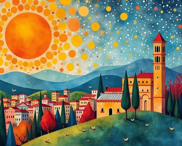 Vibrant Landscape with Colorful Houses and Trees