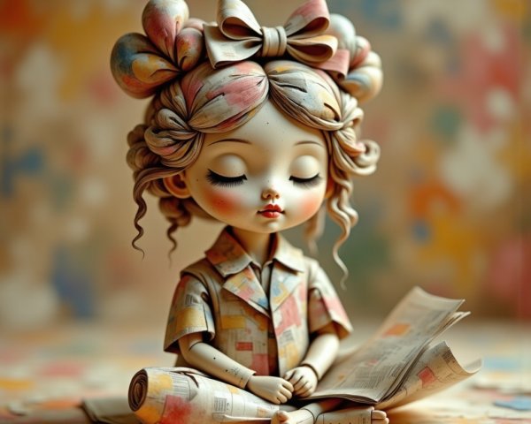 Whimsical doll with colorful hair and patchwork outfit