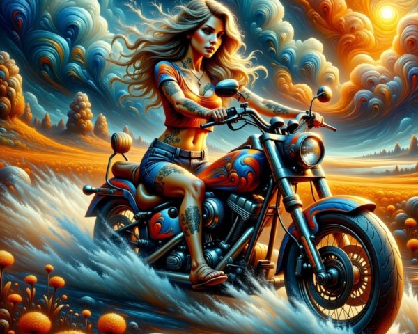 Female Rider on Customized Motorcycle in Vibrant Landscape