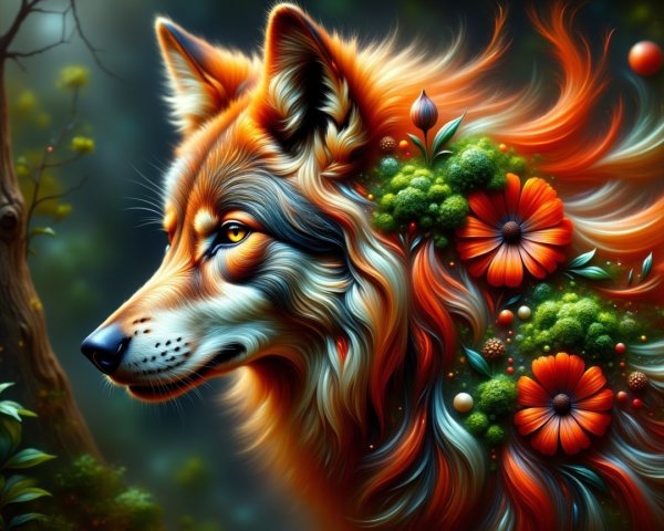 Vibrant Wolf Head with Flowers and Greenery Art
