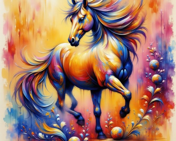 Vibrant Horse in Motion with Colorful Floral Accents
