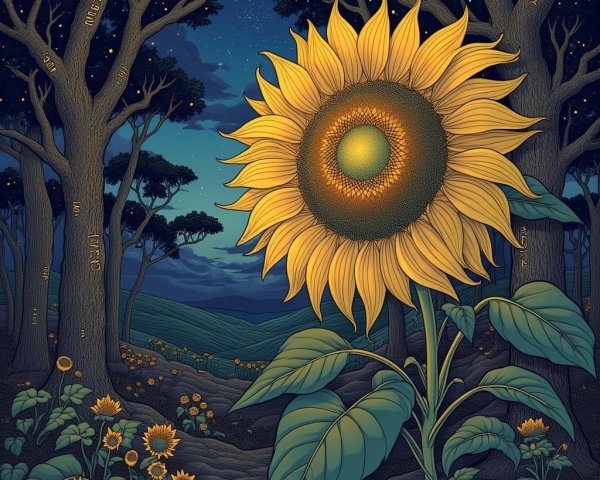 Vibrant Sunflower in Starry Night Forest Landscape