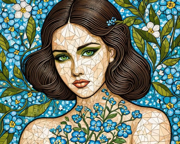 Stylized portrait of a young woman with blue flowers