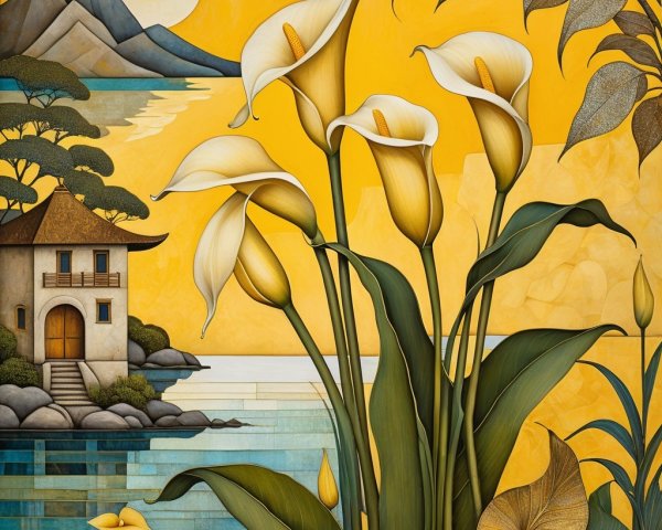 Yellow Calla Lilies Against a Golden Landscape