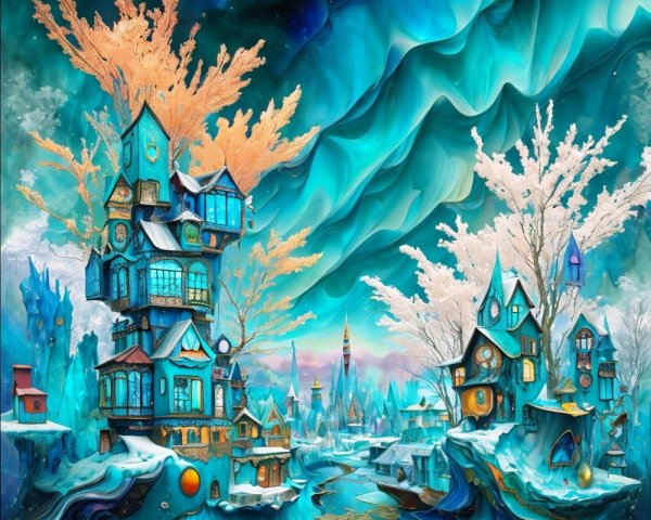Whimsical Landscape with Icy Houses and Starry Sky