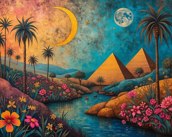 Vibrant Sunset with Pyramids and Moonlit River Scene