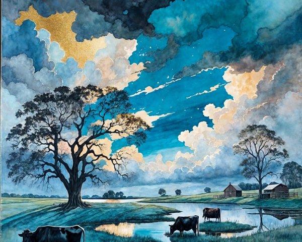 Serene Countryside Scene with Grazing Cows and Pond