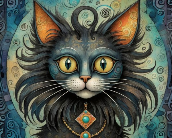 Whimsical Cat with Green Eyes and Decorative Background