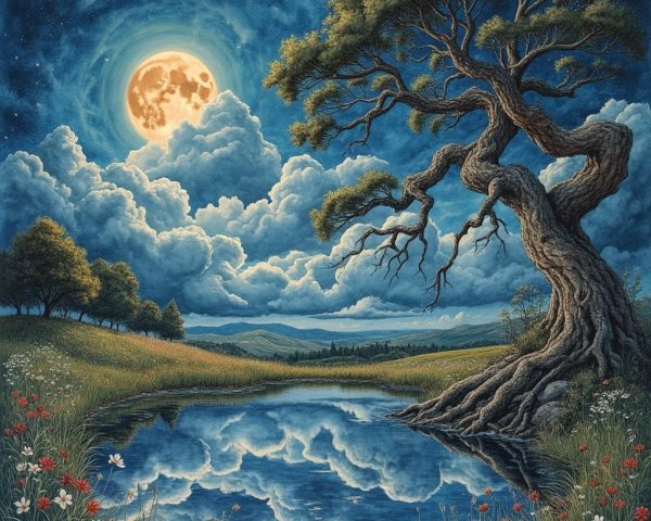 Tranquil Landscape with Tree and Serene Pond at Night