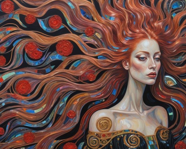 Striking Woman with Flowing Red Hair in Dark Setting