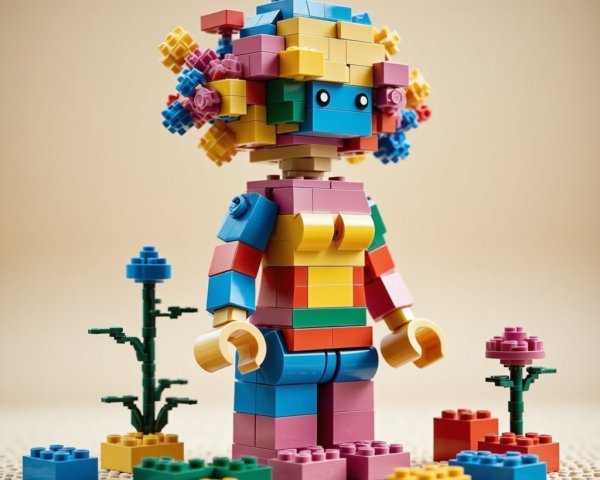 Colorful LEGO Figure with Abstract Design and Flora