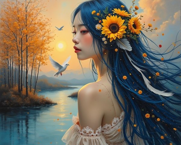 Young Woman with Blue Hair by Tranquil River at Sunset