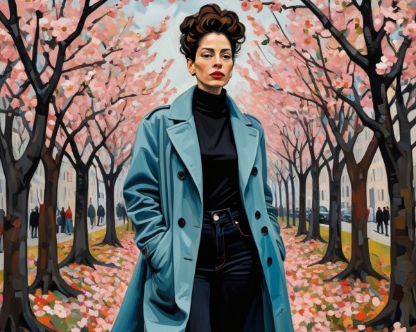 Confident Woman in Cherry Blossom Spring Scene