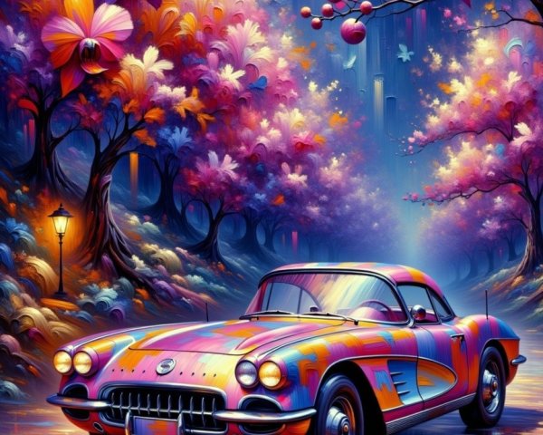 Classic Car in Dreamy Floral Landscape at Night