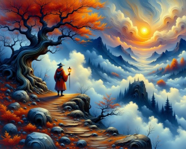 Lone Figure with Lantern on Winding Path at Sunset