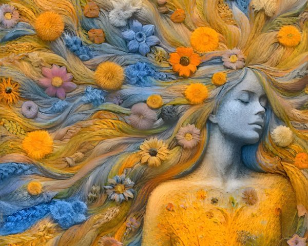 Serene Figure with Floral Hair and Natural Elements