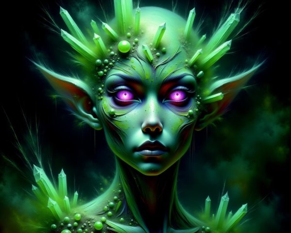 Otherworldly figure with green skin and glowing crystals
