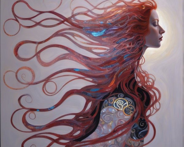 Woman with flowing red hair in serene profile