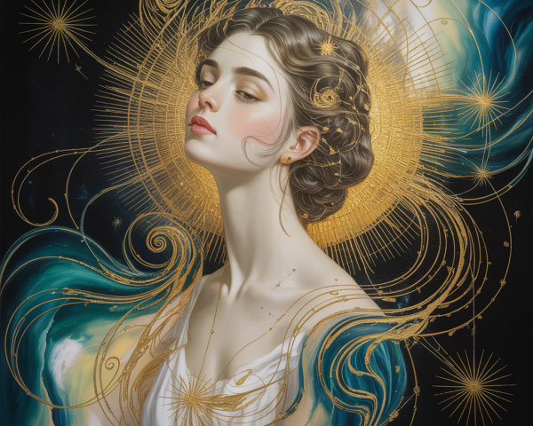 Serene Young Woman with Golden Halo and Vibrant Colors