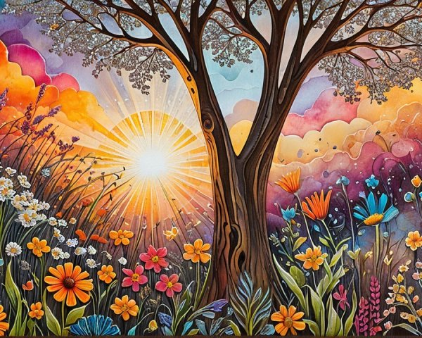 Vibrant Landscape with Majestic Tree and Wildflowers