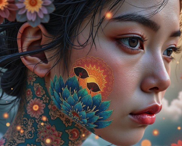 Portrait of a woman with floral tattoos and serene expression