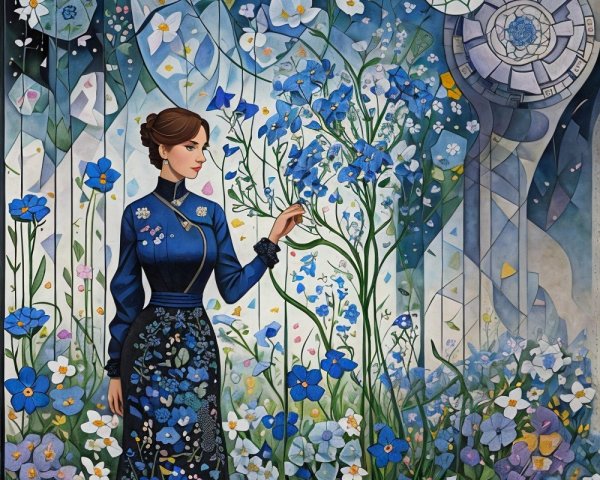 Woman in Floral Dress Surrounded by Blue Flowers