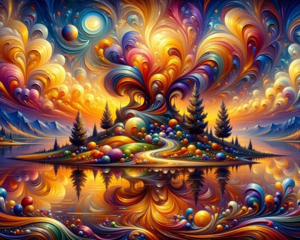 Vibrant Abstract Landscape with Colorful Clouds and Water