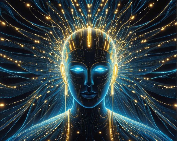 Futuristic humanoid figure with glowing circuits and lights