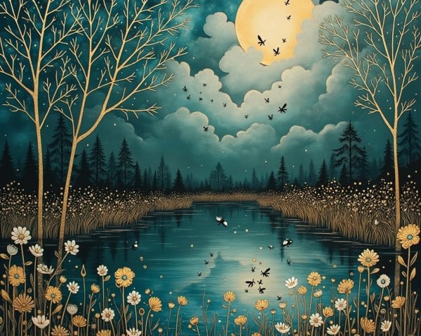Tranquil Night Scene with Water, Moon, and Trees