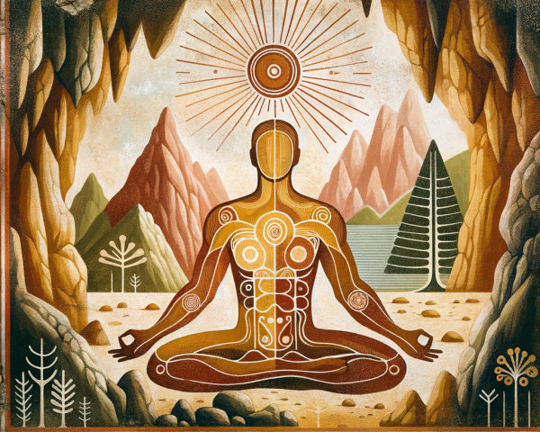 Meditating Figure in Cave Surrounded by Nature
