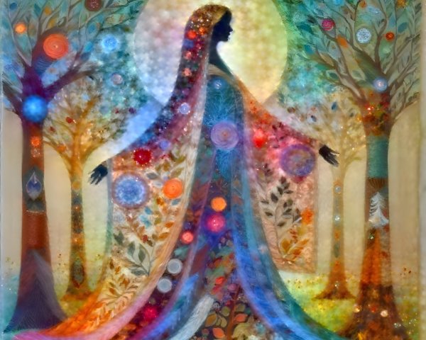 Silhouette of a Woman Amidst Vibrant Trees and Patterns